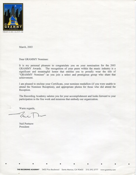 2003 Grammy Nominee Letter